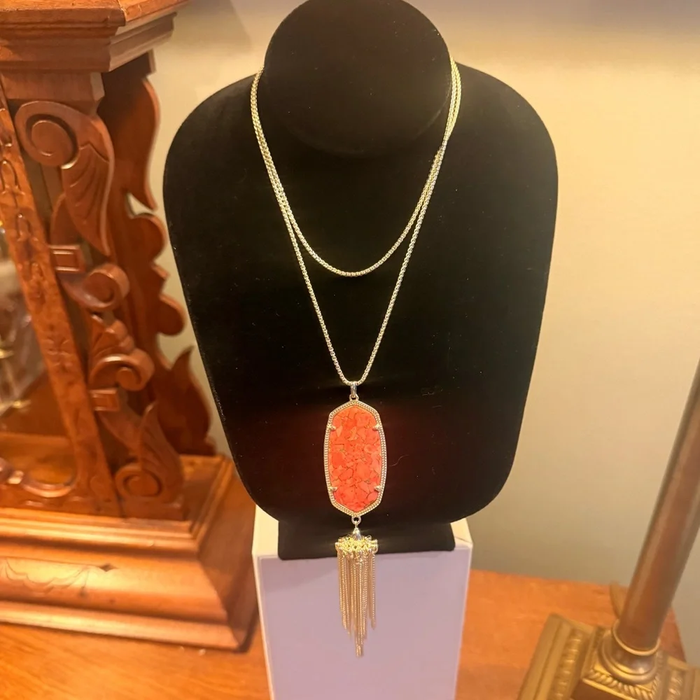 Kendra Scott Rayne Red Magnesite 14K Gold Long Tassel Necklace 21”